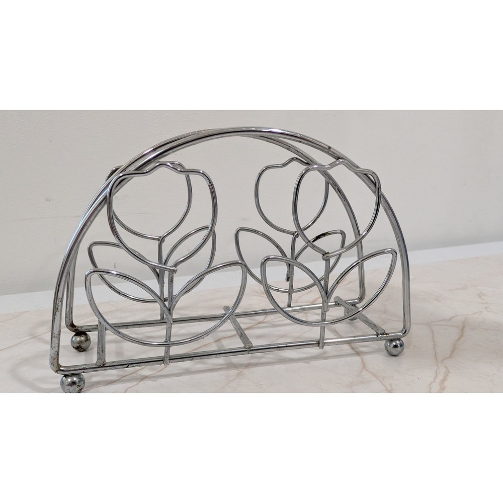 Vintage Chrome Tulip Napkin Holder Silver Wire Floral Mid Century Modern Decor - Picture 1 of 4